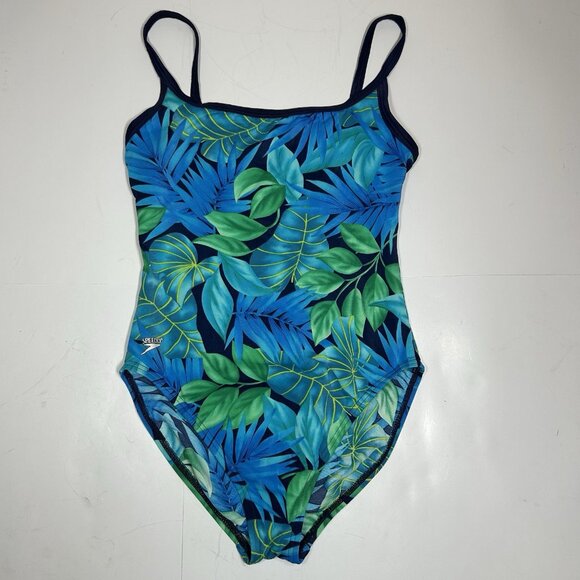 SPEEDO TROPICAL FLORAL BLUE GREEN ONE PIECE SWIMMING SUIT SPAGHETTI WOMEN SZ 10 - Picture 1 of 6
